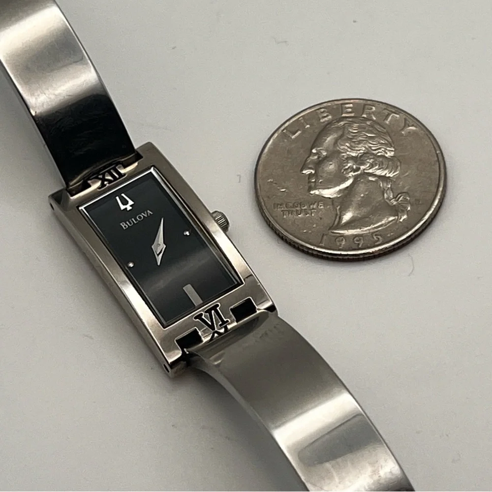 Bulova Womens Watch Silver Tone Rectangle Black Dial 6.25" New Battery - Picture 8 of 14